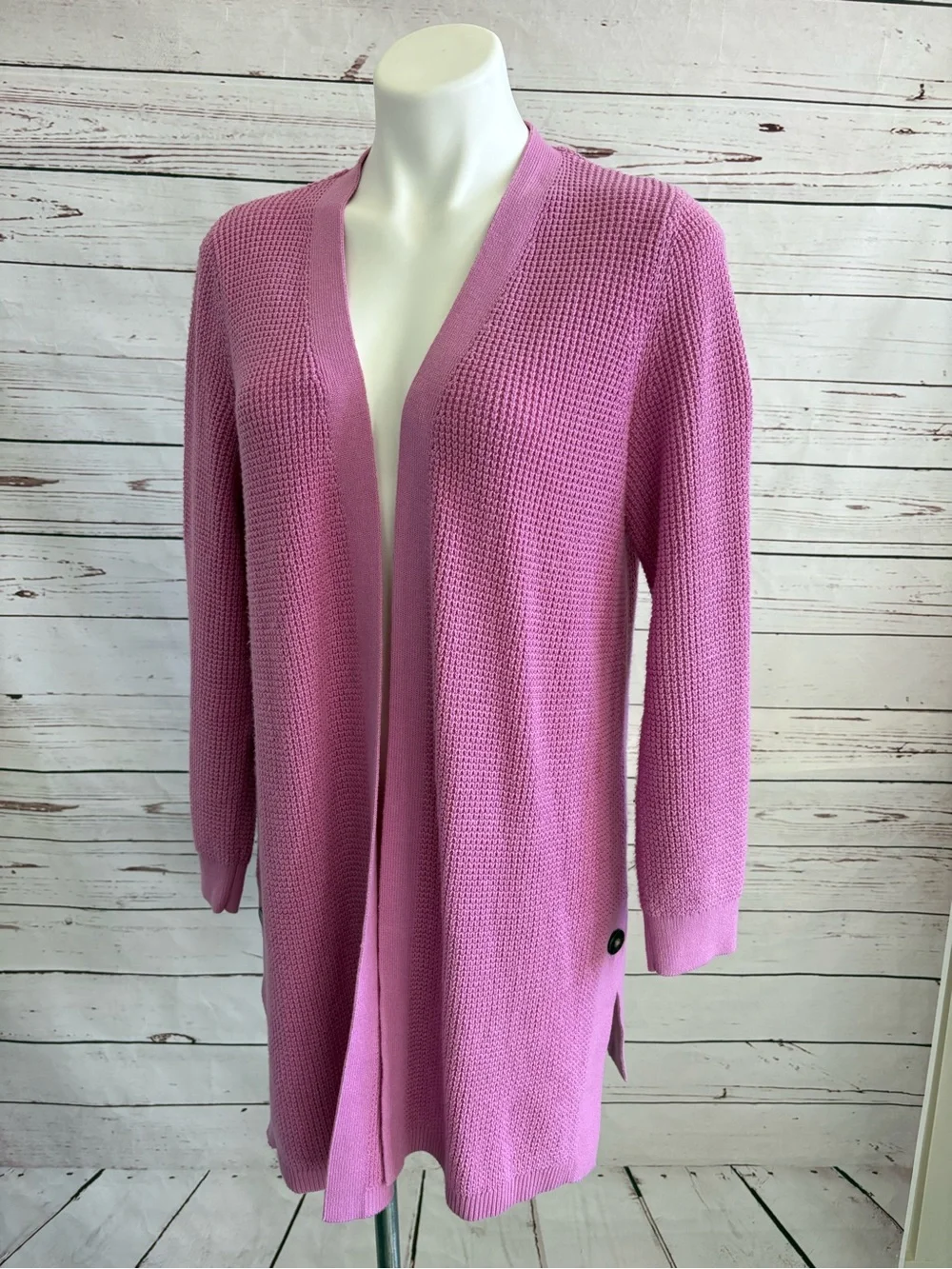 J Jill Woman’s Long Waffle Knit Open Front  Cardigan Sweater Size Medium Pink